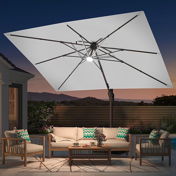 9' X 12' Patio Umbrella with LED Lights Outdoor Cantilever Large Rectangle Offset Umbrellas Heavy Duty Aluminum Double Top with 360-degree Rotation for Pool Garden Deck, Fog Grey