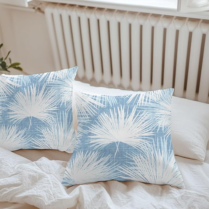 Throw Pillow Covers 16x16 Inch Set of 2, Sky Blue Palm Leaves Coastal Waterproof Outdoor Pillow Covers, Summer Tropical Botanical Decorative Cushion Pillowcases for Couch, Sofa, Bed, Garden, Patio