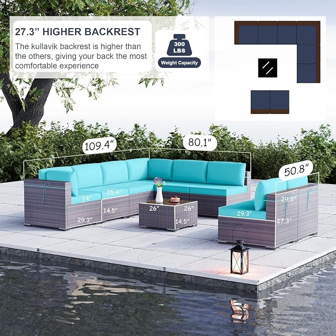9 Pieces Outdoor Patio Furniture Set Brown Rattan Sectional Sofa with Manual Wicker, Cushions and Covers, Tempered Glass Tea Table Patio Conversation Set for Backyard Garden Lounge(Blue)