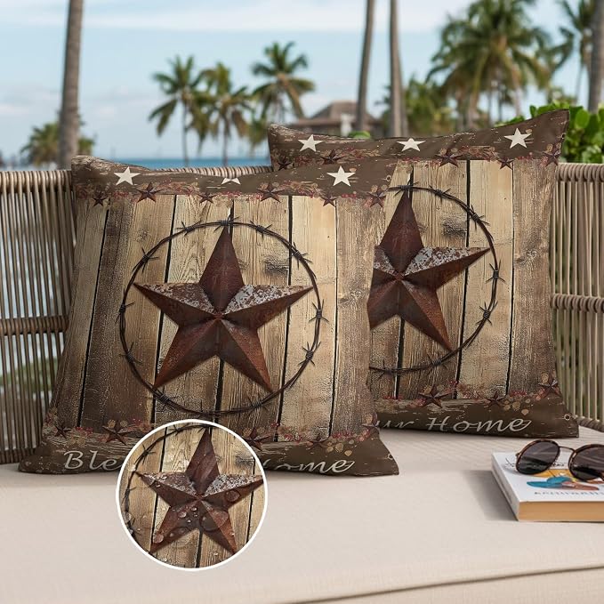 Waterproof Pillow Covers Set of 2 16x16 Inch Rustic Farmhouse Outdoor Cushion Covers Wood Texture Barn Star Decorative Pillow Cases for Patio, Sofa, Couch, Garden, Balcony