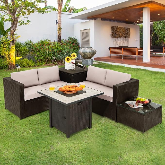 Tangkula 5-Piece Patio Furniture Set with 30 Inches Gas Fire Pit Table, Outdoor Wicker Conversation Sectional Sofa Set with Storage Box and Coffee Table, 50,000 BTU Propane Fire Pit Table (Beige)