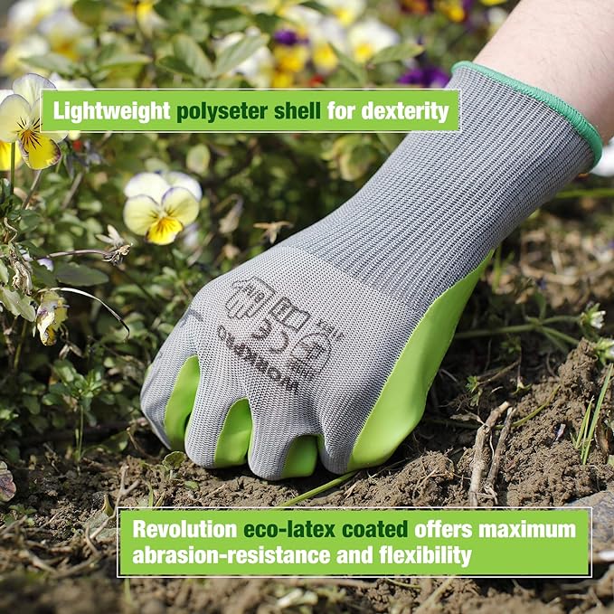 6 Pairs Eco Latex Palm Coated Garden Work Gloves by WORKPRO | Abrasion Resistance, Flexibility, Lightweight and Comfortable, Gardening Gloves for Weeding, Raking, Planting and Pruning