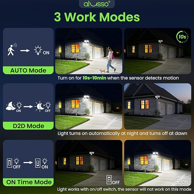 ALUSSO Motion Sensor Outdoor Lights, 30W 3500LM Flood Lights Outdoor 120V, 3 Modes (Dusk to Dawn/Auto/On Time), 3CCT 3000K/4000K/6500K Waterproof Hardwired ETL Listed, Porch Flood Light, White 2PCS