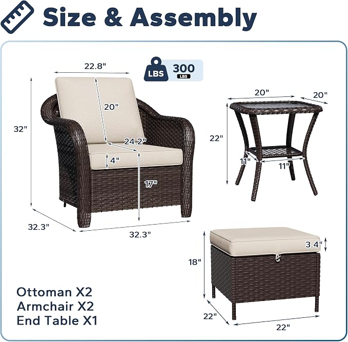 5 PCS Outdoor Conversation Set | 2 Chairs, 1 Side Table, 2 Ottomans, Patio Wicker Furniture with Removable Cushions for Bistro, Deck, Sunroom(Beige)
