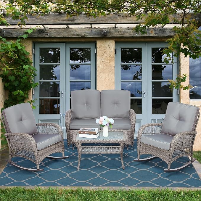 4-Piece Wicker Patio Furniture Sets Outdoor All-Weather Rattan Conversation Set Includes Glider Loveseat, Glass-Top Coffee Table, 2 Rocking Chairs with Thickened Cushions, Gray