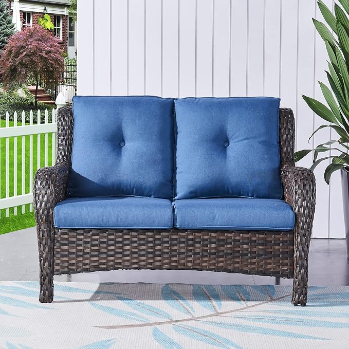 HUMMUH 6 Pieces Outdoor Patio Furniture Set Wicker Swivel Patio Chairs with Ottomans 2 Seater Outdoor Sectional Sofa/Patio Loveseat with Coffee Table