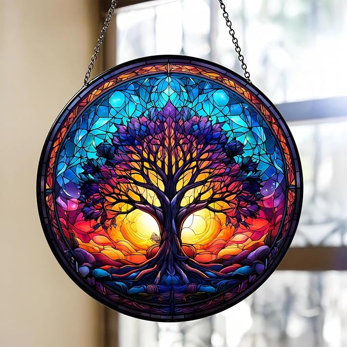 Tree of Life Suncatcher Stained Glass Window Hanging | 7.9 in, Catcher, Garden Decor