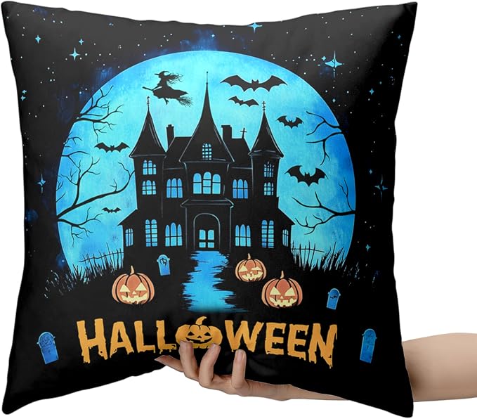 Halloween Pillow Covers 24x24 Set of 2 Witch Castle Throw Pillow Covers Horror Full Moon Night Pillow Case Bat Ghost Pumpkin Cushion Case for Holiday Party Home Decor Couch Sofa