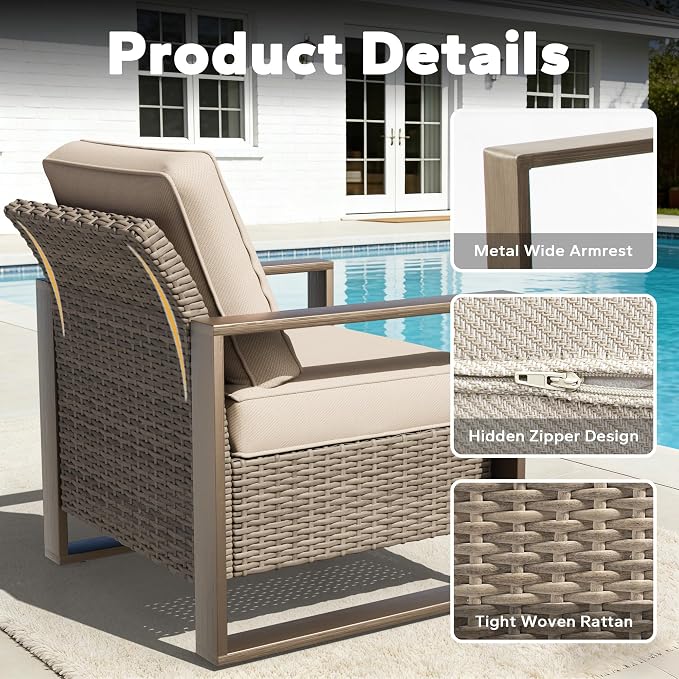 8 Pieces Metal Wicker Patio Furniture Set - 75" Sofa, Four Armchairs and Two Ottomans, One Coffee Table All Weather Rattan Outdoor Conversation Furniture with Washable Cushion for Deck, Beige