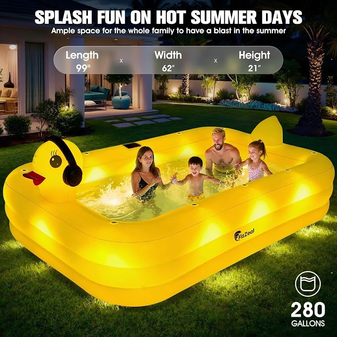 FizZeal Inflatable Pool with Lights,Solar Duck Inflatable Swimming Pool for Kid,Blow Up Pool for Adults,Large Inflatable Kiddie Pool,Durable Thickened Family Inflatable Kid Pool for Backyard 99*62*21
