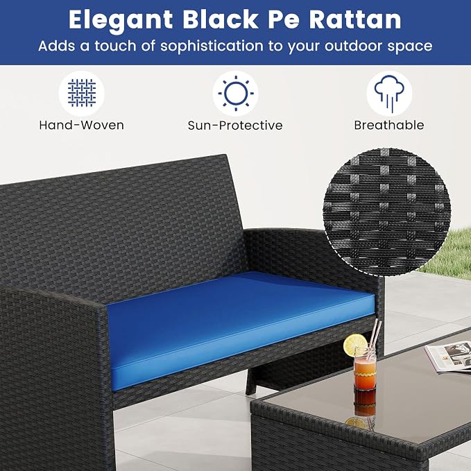 Tangkula 4 Pieces Patio Wicker Furniture Set, Outdoor Heavy Duty Rattan Cushioned Chairs, Loveseat and Tempered Glass Coffee Table, for Backyard, Balcony, Poolside