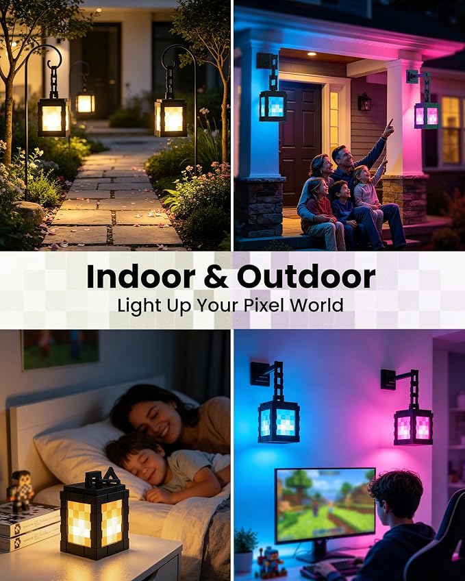 Pixelated Solar Lanterns Outdoor Waterproof, USB-C & Solar Hanging Light | 17-Color RGB Table Lamp with Remote & Timer, Decor for Patio Yard Garden Porch & Winter Camping, Gift for Gamers, 2 Pack