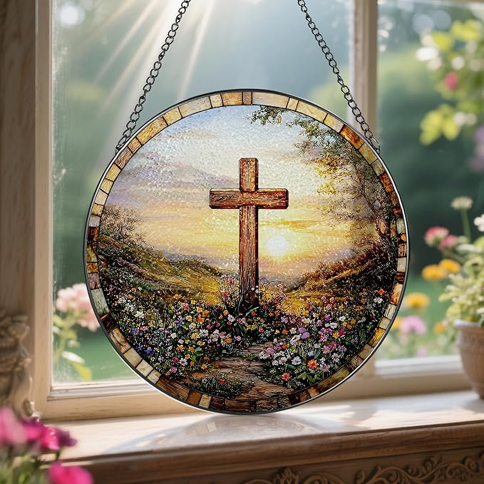 8 Inches Cross Sunset Stained Glass Suncatcher, Christmas Ornament, Window Hanging Decor, Christian Home Decor, Christian Gift, Religious Gift, Gifts for Christmas