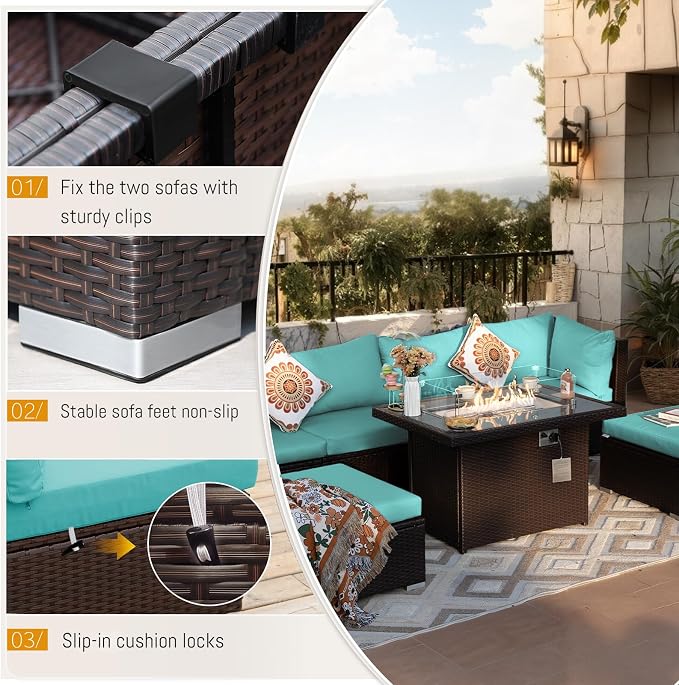 BULEXYARD 9 Piece Highback Patio Furniture Set with Fire Pit Table, Modern Modular Outdoor Sectional Couch Sofa with Ottoman, 8-Person Backyard Seating for Outside, Deck, Brown Wicker & Teal Cushion