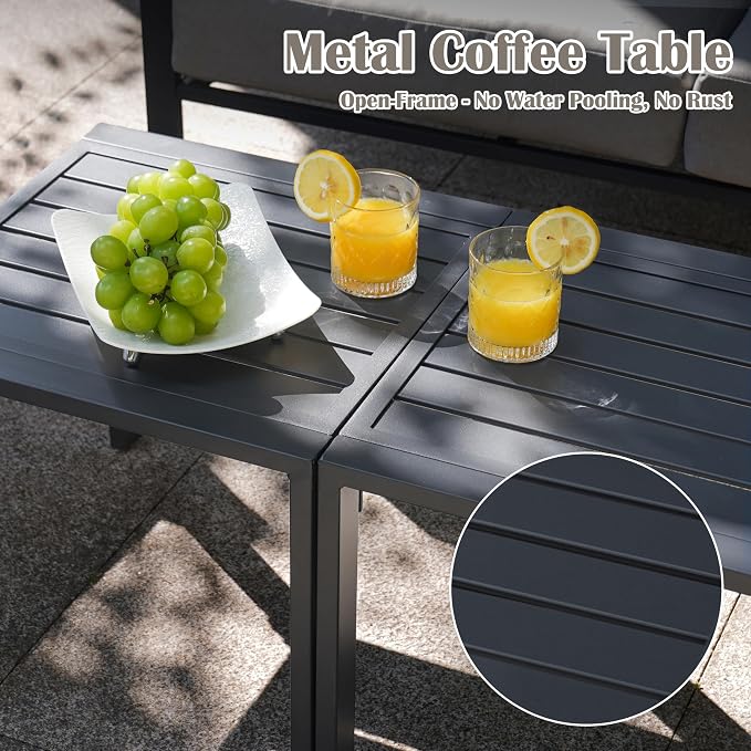 6 Pieces Rattan Outdoor Furniture Set, All-Weather Patio Conversation Set with Dark Grey Cushions, Coffee Tables and 28" Fire Pit Table
