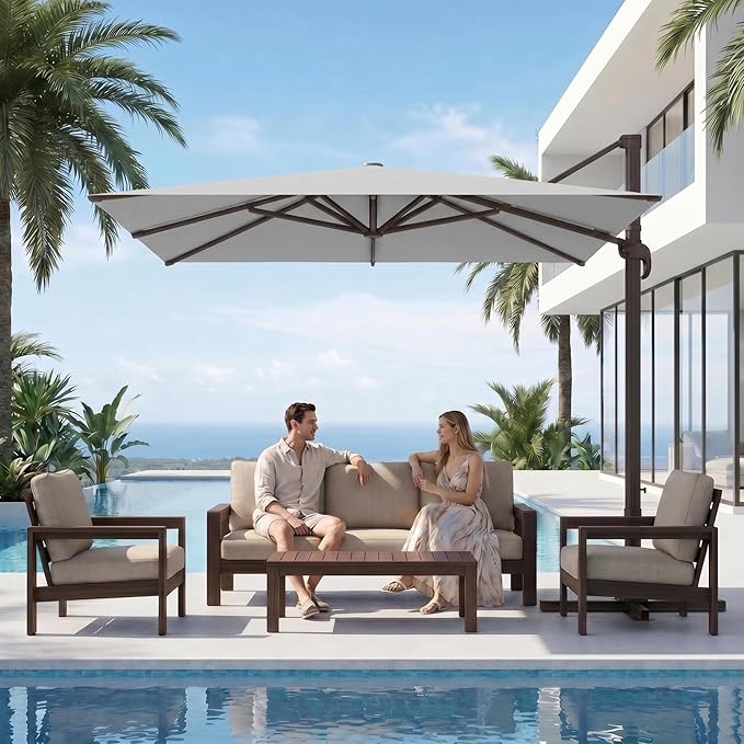 Kingdura 10x10 FT Cantilever Patio Umbrella with Base Included, Large Square Aluminum Offset Outdoor Pool Umbrella, 360° Rotation & 4-Position Tilt, UV Protection for Deck Backyard (Light grey)