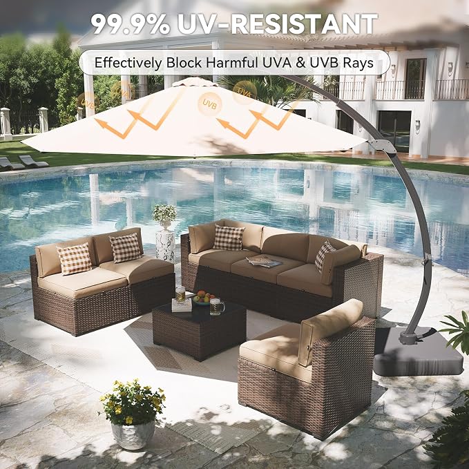 Aoxun Patio Furniture Set with Umbrella, 8 Piece Outdoor Sectional Sofas, Wicker Outdoor Furniture with Thickened Cushion for Backyard, Garden (Brown Rattan Beige Cushions)