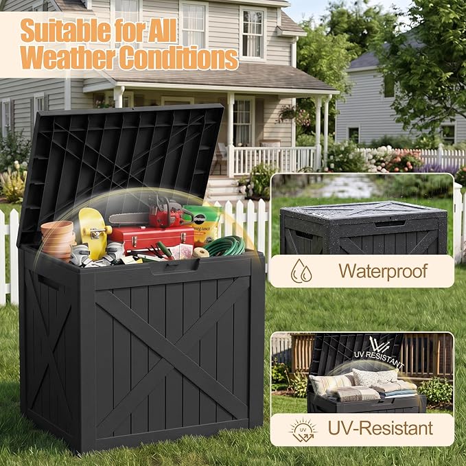 35 Gallon Waterproof Resin Deck Box, Outdoor Lock Toy Storage Bins Container for Patio Cushions Garden Tools, Delivery Box, Black