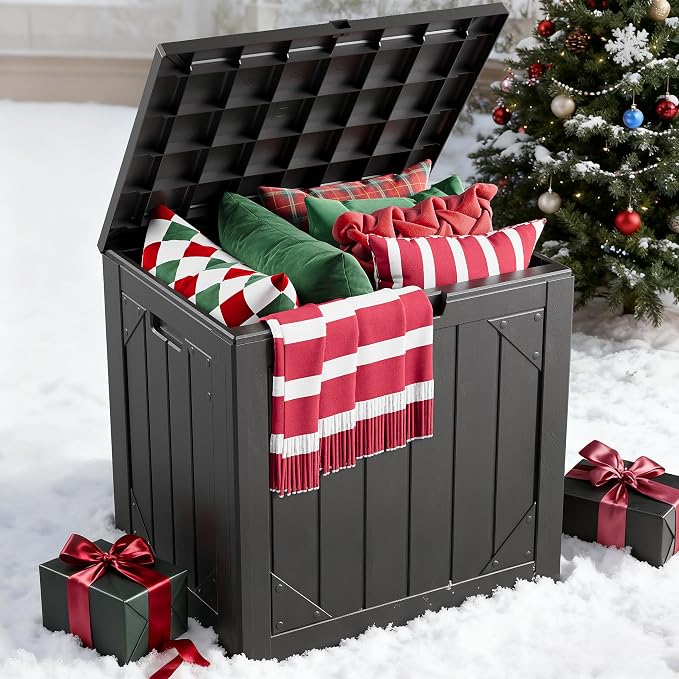 30 Gallon Outdoor Storage Box, Lockable Resin Deck Box for Patio Cushions, Throw Pillows, Garden Tools, Weatherproof Outdoor Storage Bench for Yard, Porch, or Balcony