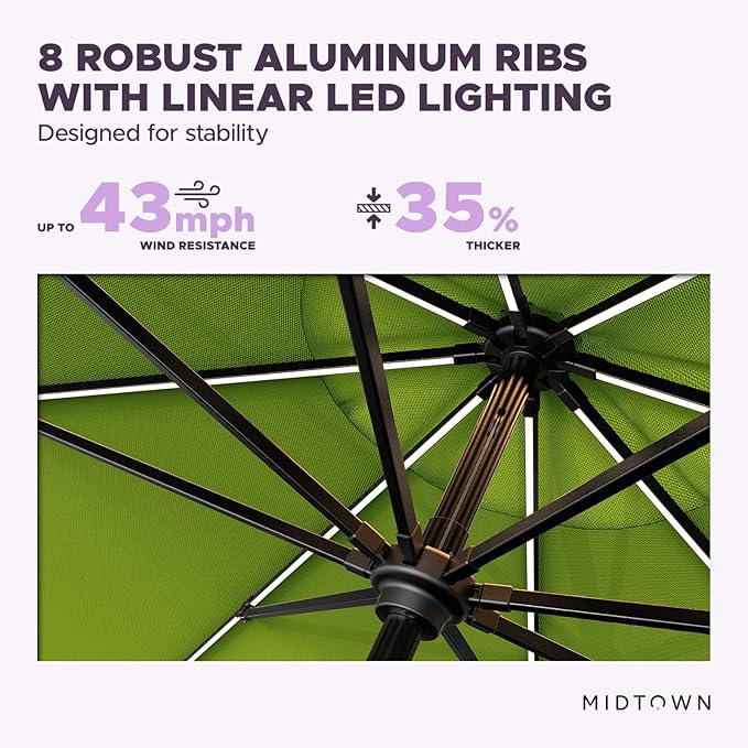 Midtown Umbrellas The LED Swilt 8 Feet Patio Umbrella With Terylast Pear (Green) Polyester Fabric - Auto-Tilt Aluminum Frame With LED Lights For Backyard, Deck, Garden, Pool - Black Pole