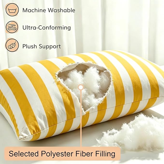 Outdoor Pillows 2-Pack, Waterproof Fade-Resistant (Yellow Stripes, 18x18) | Zippered removable covers easy cleaning, premium PP cotton fill resilient comfort, multiple color options, reinforced edges