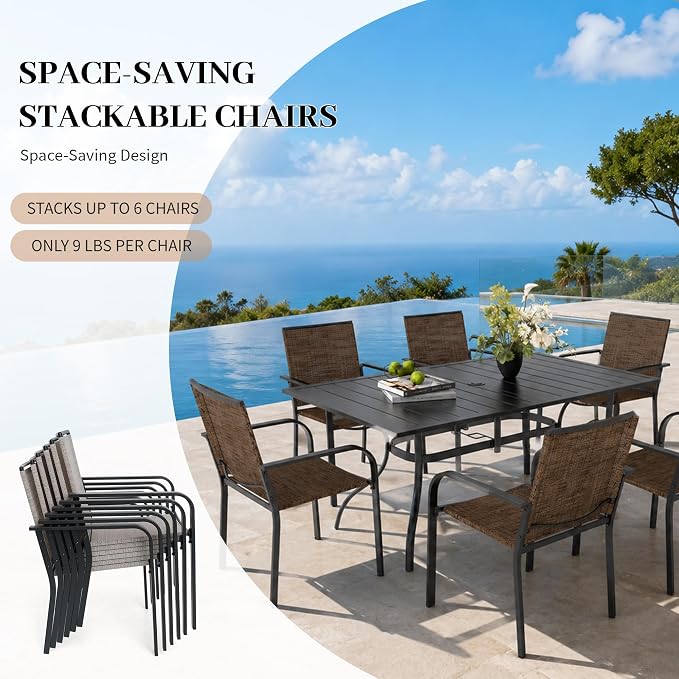 Anmutig 7-Piece Outdoor Dining Set, Powder Coated Steel Table with 6 Stackable Chairs, Black and Brown, 63 x 38 Inch Table