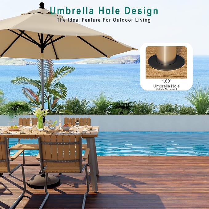 Outdoor Dining Set for 4, Patio Table and Chairs Set with Umbrella Hole, 5 Pieces All-Weather HDPE Outdoor Furniture Sets for Backyard Poolside Lawn Garden (Gray & Teak)
