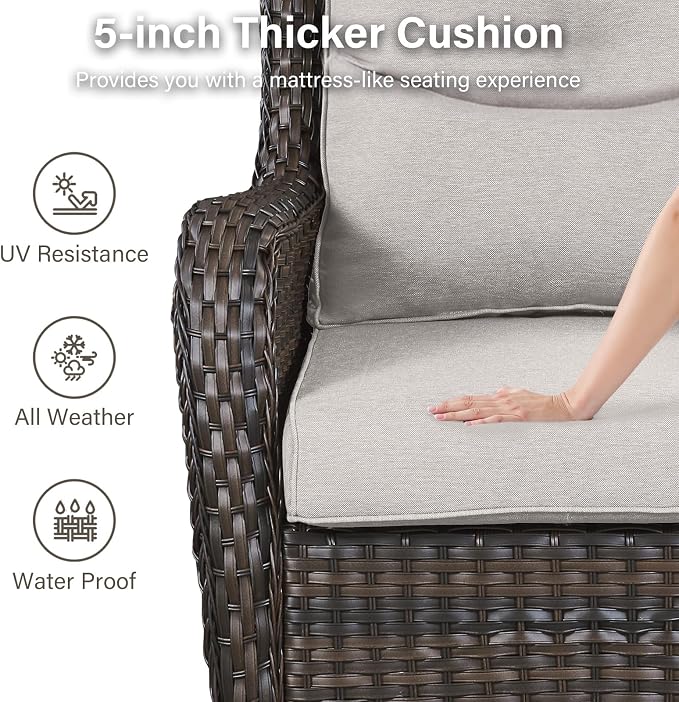 Outdoor Swivel Rocker Patio Chairs with 5" Thick Cushion - 3 Piece Wicker Bistro Set with Side Table, High Back Comfty Outdoor Glider Chairs for Balcony, Porch, Deck, Poolside - Brown/Beige