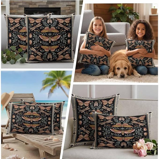 Vintage Butterfly Outdoor Waterproof Pillows Cover Pack of 2 Butterfly Moth Dragonfly Spring Decorative Pillowcases with Zipper Cushion Case for Patio Tent Couch Garden 24 x 24 Inches