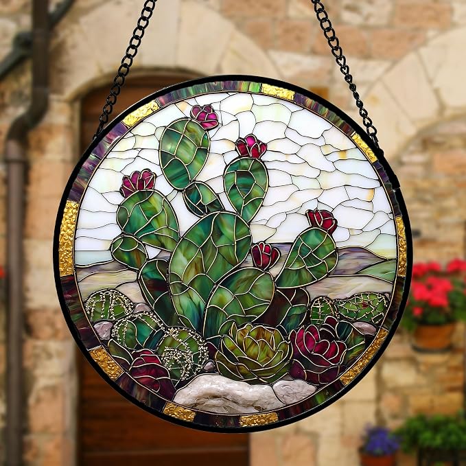 DASTOLL Stained Glass Window Hanging,Green Cactus Purple Flowers Suncatcher Diamond Glass Panel Sun Catchers Decor for Birthday for Women, Men, Wife, Aunt, and Mom 9.8 in