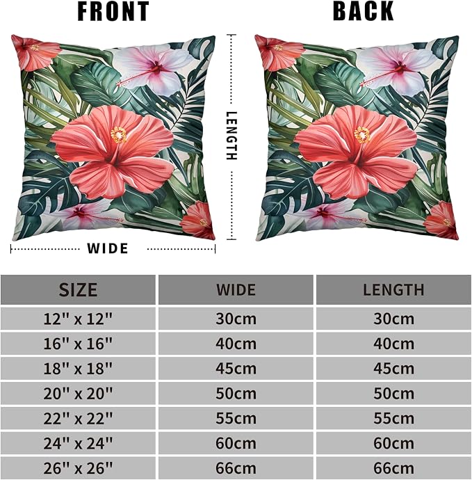 Hibiscus Flowers Pillow Covers Hawaiian Tropical Throw Pillow Covers 22x22 Set of 2 Monstera Palm Leaves Pillowcase Double Sided Printing Cushion Case for Patio Outdoor Sofa