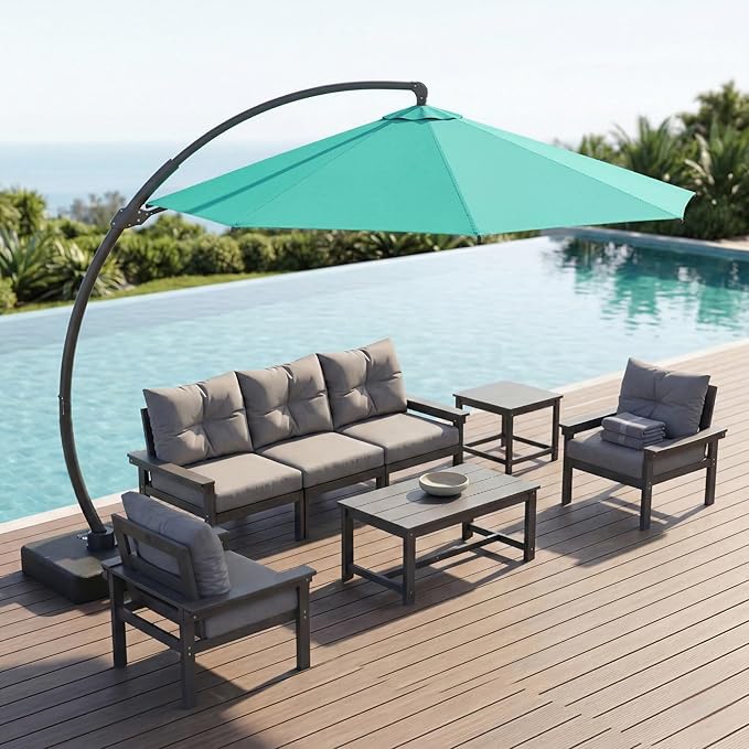 11 FT Cantilever Umbrella with Base Included, Large Round 360° Rotation Offset Umbrella Outdoor Patio, Heavy Duty Aluminum Frame, Sand-Weighted Stand, for Deck, Backyard, Pool, Garden (Tiffany Blue)