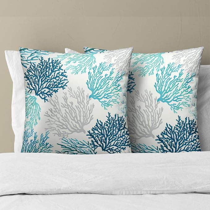 Blue Coastal Throw Pillow Covers 20x20 Inch, 2Pcs Teal Grayed Jade Grey Coral Square Cushion Cover Pillow Case Summer Decor for Home Sofa Bed Couch