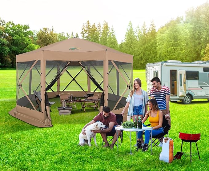 COBIZI 15x15 FT Pop Up Gazebo - Canopy Tent, Large Gazebos On Clearance,Instant Screened in Gazebo,carpas para Patio,Portable Screen Tents for 12-15 Persons Outdoor Camping, Backyard,Khaki