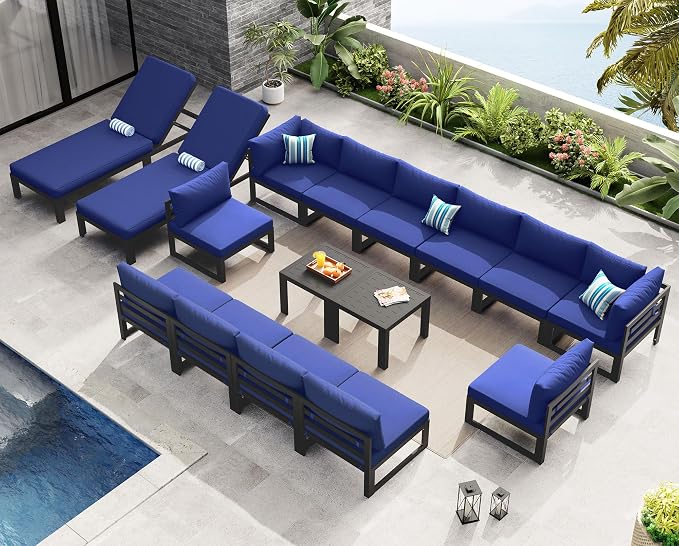 NICESOUL 16 Pcs Large Modern Aluminum Patio Furniture Set, All Weather Modular Sectional Sofa with Chaise & Coffee Table, 500 lbs Heavy Duty Comfy Outdoor Couch for Poolside Backyard, Navy Blue