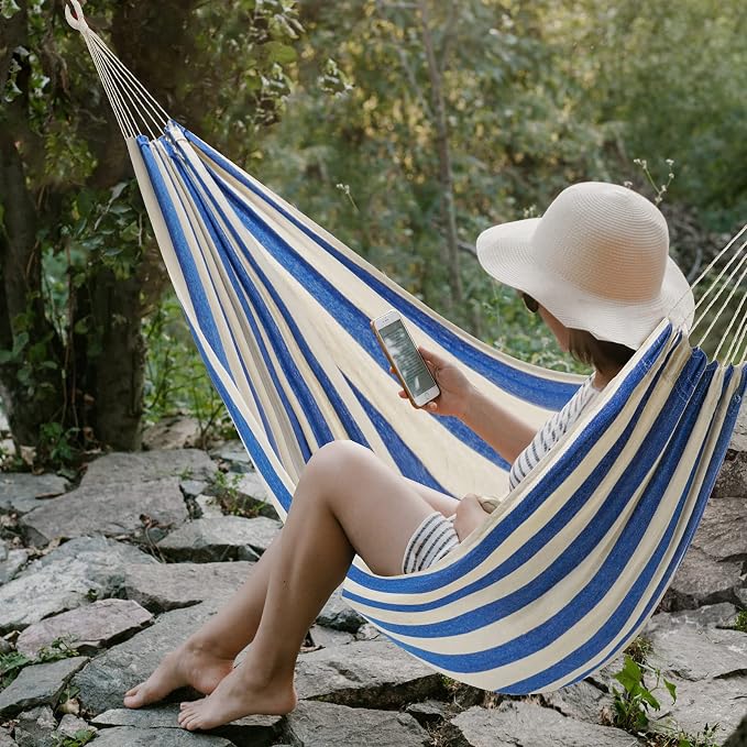 Double Hammock Brazilian Hammocks with Portable Carrying Bag,Soft Cotton Fabric, Up to 450 Lbs Hanging for Patio,Trees,Garden,Backyard,Porch,Outdoor and Indoor XXX-Large Stripe (Blue-White)
