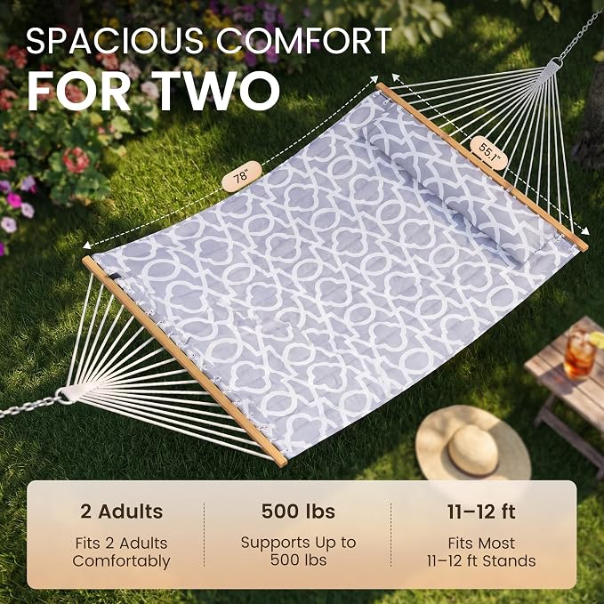 Everyfun Double Hammock with Spreader Bar,Soft Pillow,Max Load 500lbs,Portable Hammock for Outdoor,Camping,and Backyard,Mist Gray