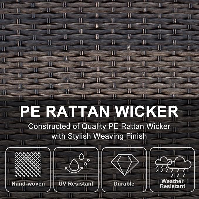 HUMMUH 3 Pieces Patio Furniture Set Outdoor Wicker Bistro Rattan Chairs with Glass Top Side Table and Thickened Cushions for Porch Deck Backyard Poolside