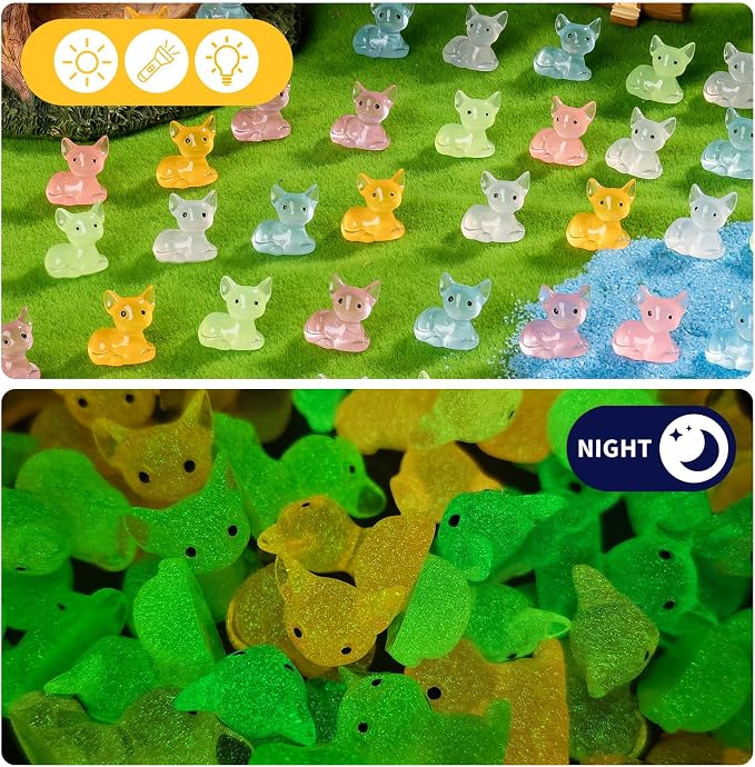 60 pcs Mini Resin Fox Many Styles Variety Tiny Luminous Animals Figures Miniature Little Small Animal Figurines Bulk for Micro Fairy Garden Landscape Accessories Hide Crafts Decor Aquarium