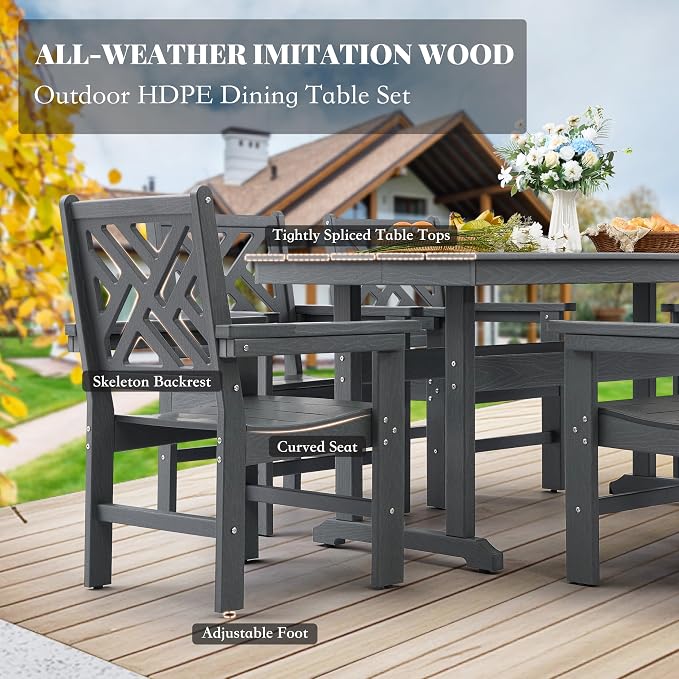 HDPE Dining Table Set for 10,12-Piece Outdoor Table and Chairs Include 10 Dining Chairs and 2 Pcs 62.5" Patio Dining Table with Umbrella Hole (Gray)