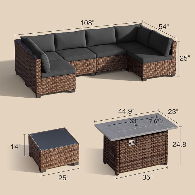 Qsun 8 Pieces Outdoor Patio Furniture Set with 44.9" Fire Pit Table, All-Weather Wicker Outdoor Patio Sectional Set with Coffee Table, for Backyard Poolside Garden Porch, Black