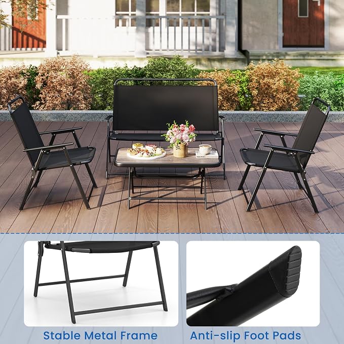 HAPPYGRILL 4 Pieces Folding Patio Conversation Set, Outdoor Furniture Set with SPC Coffee Table, Loveseat and Patio Chairs, Patio Bistro Sectional Set with Metal Frame for Garden, Deck and Backyard