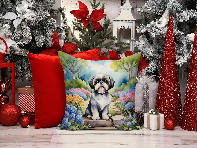 Caroline's Treasures Shih Tzu Spring Path Throw Pillow Machine Washable, Indoor Outdoor Decorative Pillow for Couch, Bed or Patio, 14Hx14W