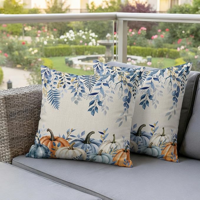Orange Blue Fall Waterproof Outdoor Pillow Covers 20''x20'' Set of 2, Thanksgiving Eucalyptus Berry Leaves Patio Cushion Covers for Chairs, Decorative Pumpkin Beige Pillow Cases for Garden/Pool/Beach