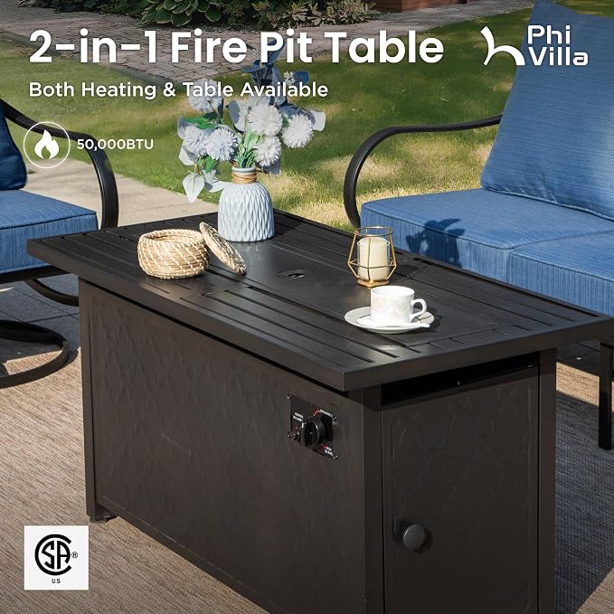 PHI VILLA 8 PCS Patio Furniture Set with Fire Pit Table,Metal Outdoor Furniture with 1 x 3-Seat Bench Sofa, 2 x Swivel Sofa Chairs, 2 x Leg Chair & 2 x Ottoman, Modern Patio Set, Peacock Blue