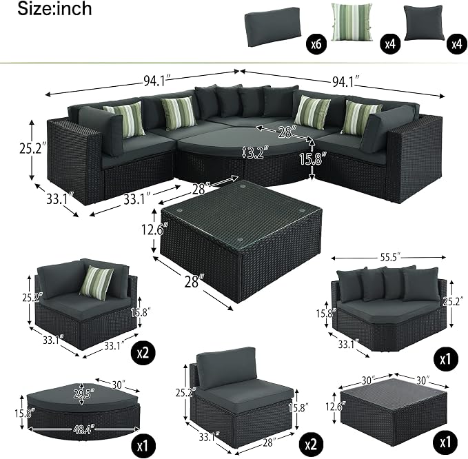 Outdoor PE Rattan Wicker Sectional Sofa Set,All Weather Conversation Lounger Set with Striped Green Pillows and Cushions, Multifunctional Combination Adapt to Any Space Gray-7-piece