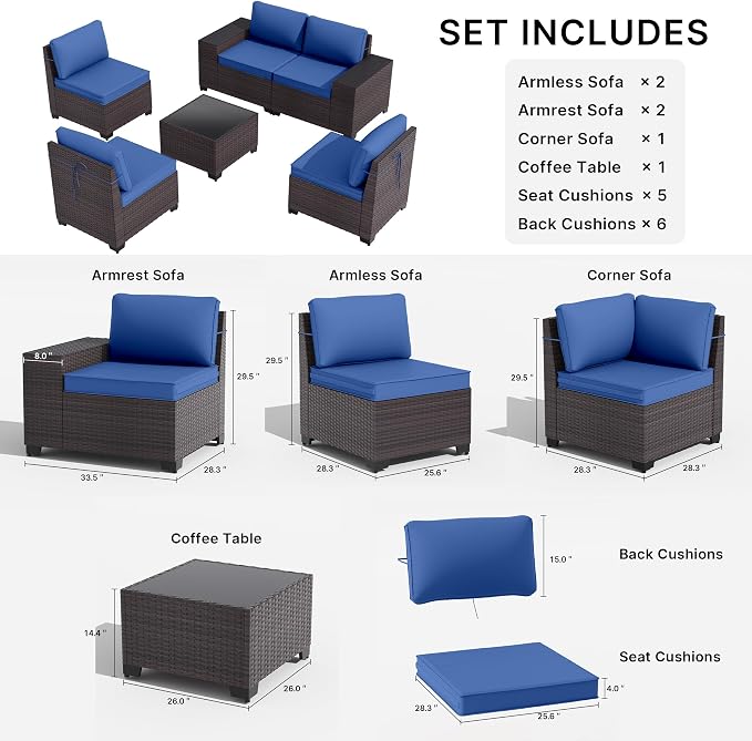 Gotland 6 Pieces Patio Furniture Set with 1 Coffee Table, 5 Seater Rattan Outdoor Sectional with Wide Armrests 29.5'' High Backrest Thick Waterproof Cushions, Conversation Sets for Deck Garden Navy