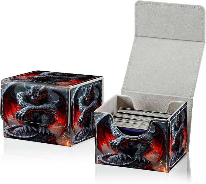 Card Deck Box for MTG, Cards Storage Box Fits 120+ Sleeved, Leather Small Size Strong Magnetic Closing Card Case for Board Games Magic TCG CCG Baseball Collection, Red-Winged Dragon