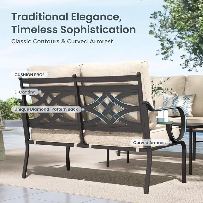 PHI VILLA Patio Furniture Set, 3-Seater Sofa, 2 Fixed Chairs, 2 Rocking Chairs and a 45" Fire Pit Table, Outdoor Metal Conversation Set with 5.75" Extra Thick Cushion for Garden Backyard Deck, Beige