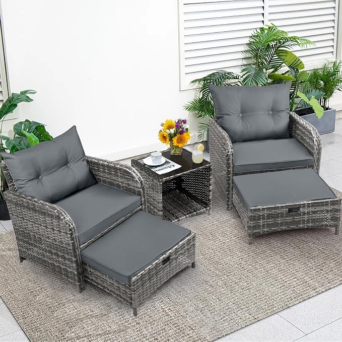 Patio Chair with Ottomans and Table, 5 Piece PE Wicker Rattan Outdoor Patio Furniture Set, Space Saving Design Outdoor Chairs with Ottomans Set for Balcony Poolside Front Porch Deck, Grey